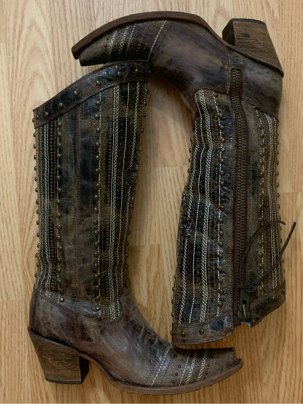 Corral Distressed Brown Crystal Cross Stripes and Studs Tall Boot Size 7M